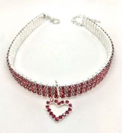 Hund- och katthalsband | Diamond 3 Line Heart Pink | Storlekar: M-L
