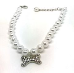 Hund- och katthalsband | Vit pärla med diamantben | Storlekar: M-L